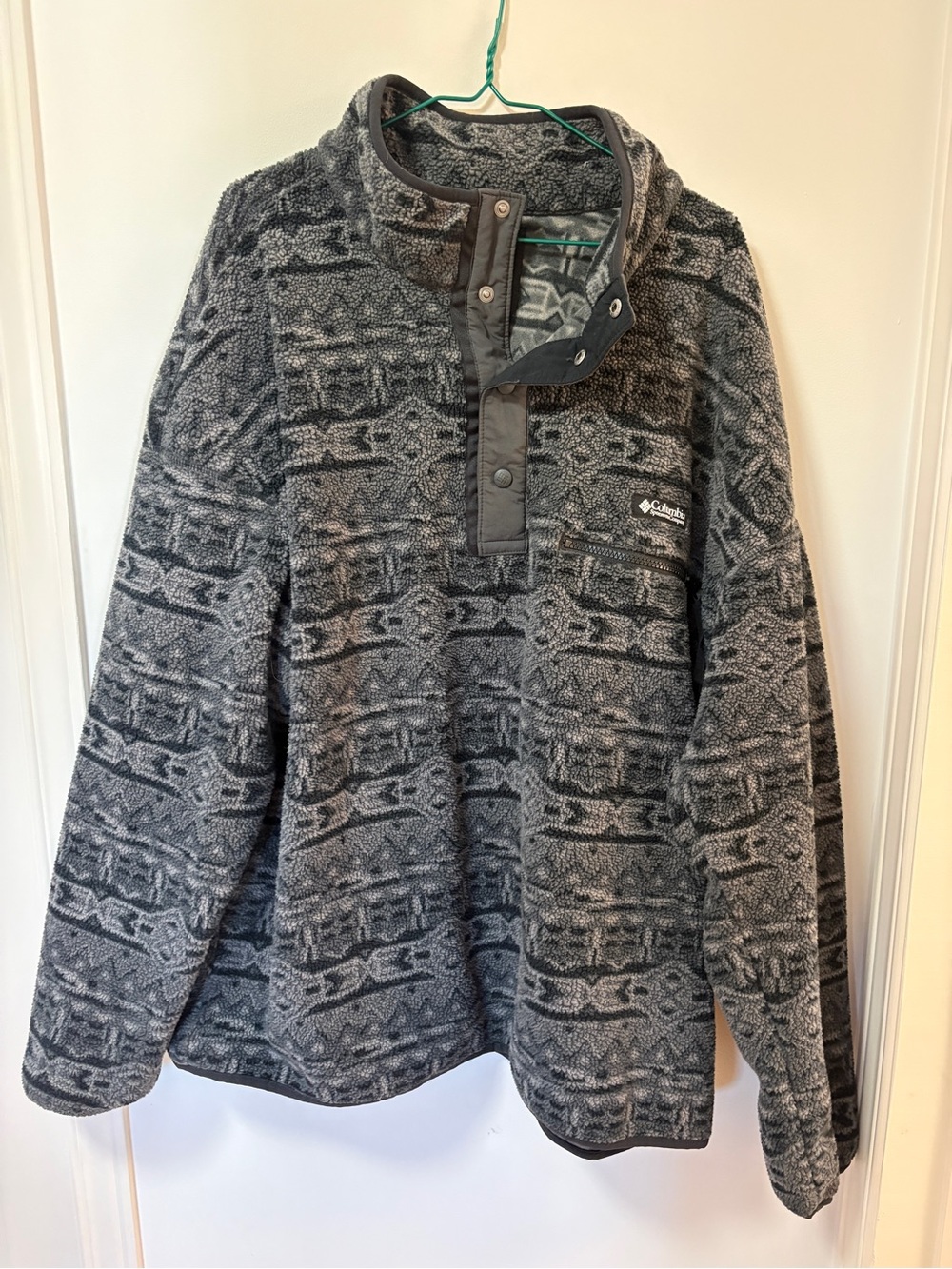 Columbia Fleece Pullover Snaps Black Grey Aztec Pattern XXL Outdoor Warm Winter